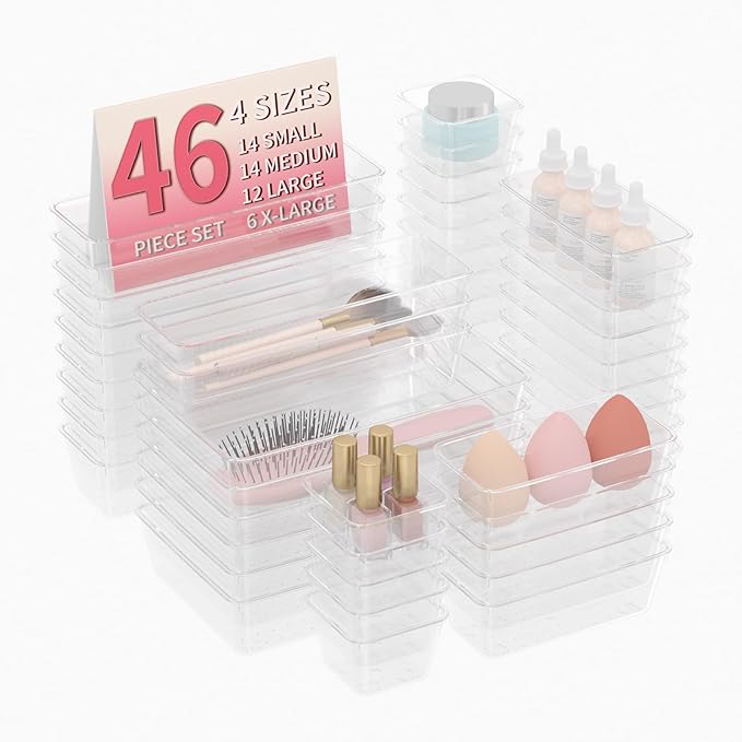 46 PCS Plastic Drawer Organizer Set, 4-Size Clear Bathroom and Vanity Desk Drawer Organizer Trays, Non-Slip Versatile Storage Divider Bins for Makeup Jewelry Bedroom Office Kitchen Gadgets