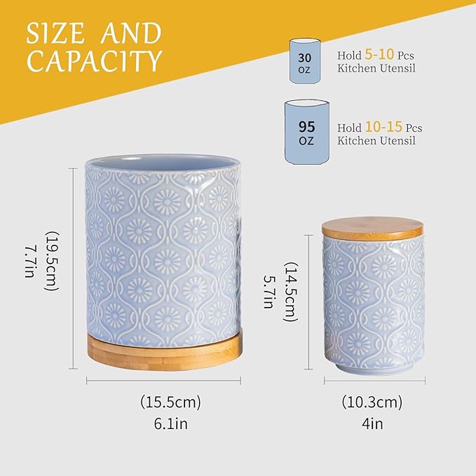 TEATALK Utensil Holder Set of 2, 7.7"+5.7" Ceramic Kitchen Utensil Holder for Countertop, Farmhouse Vintage Utensil Crock, 360° Rotating Large Utensil Organizer, Light Blue