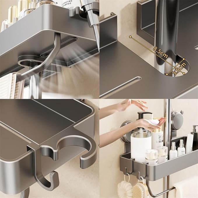 Shower Holder for Soap and Bath Essentials, Suction Cup Wall-Mounted Organizer with Ventilated Design, 30x12.5x4.5cm Plastic Storage Tray for Bathroom or Kitchen Use, Grey