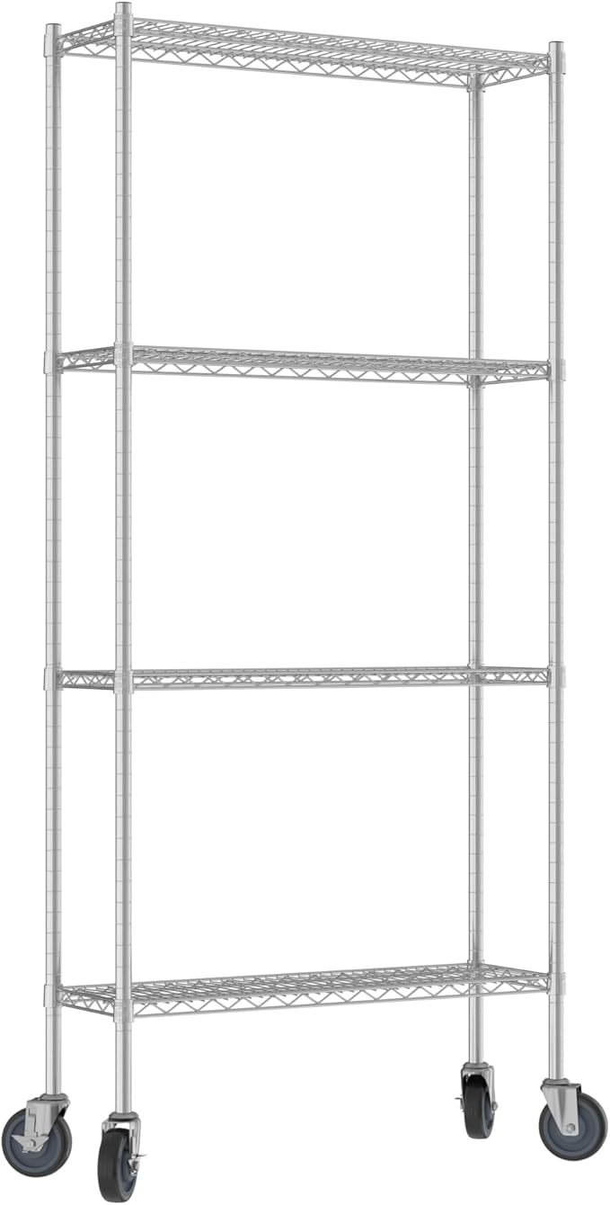 Commercial NSF Listed Chrome Mobile Wire Shelving Kit 12" x 36" x 80", with 4 Shelves Perfect for Warehouse, Walk-in Refrigerator, Freezer, Grocery Store, Restaurant, Dishroom