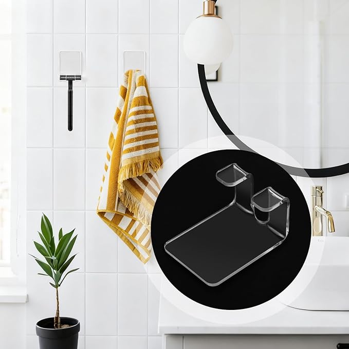 Bilkeru Clear Adhesive Hooks Acrylic Shower Hooks Self-Adhesive Shaver Holder Waterproof Razor Holder Bathroom Kitchen Organizerfor Hanging Key Robe Towel and Hat (Transparent, 2Pcs)