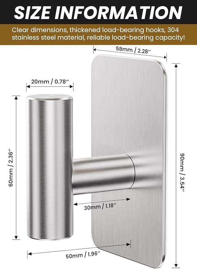 Eowihor Heavy Duty Adhesive Hooks - 26lb Max, Sticky Wall Hooks Waterproof Stainless Steel for Hanging Towel, Coat, Robe, Towel Hooks Stick on Bathroom, Kitchen, Shower, Door (Silver, 4 Pack)
