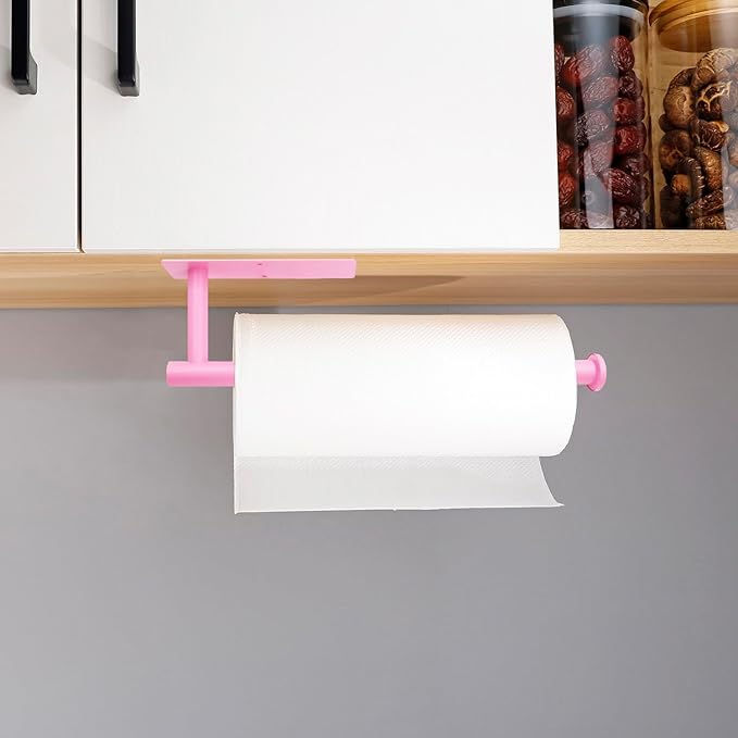 Pink Paper Towel Holder, Self Adhesive Paper Towels Roll Holders Under Cabinet, Stainless Steel Wall Mount Towel Paper Holder for Kitchen, Bathroom