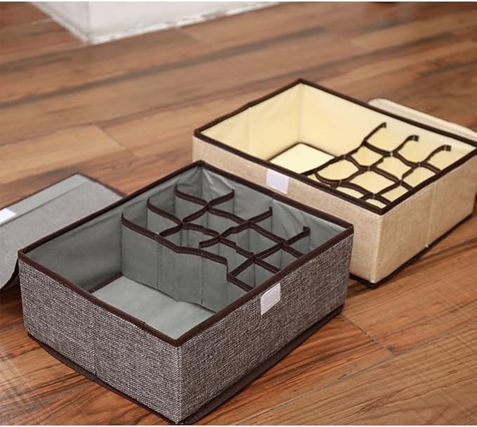FACELESS Cotton and Linen Fabric Storage Box, Foldable with Lid, Dust-Proof, Drawer Style Partition, Underwear and Socks Storage (Grey+Beige-(13 grids), 17.72X11.42X4.72 IN)