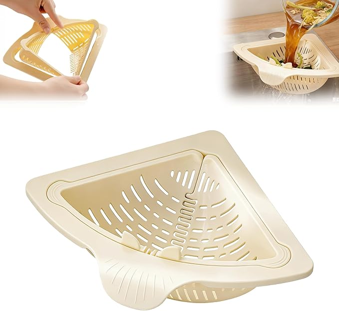 Magnetic Drainage & Filter Basket, Kitchen Corner Sink Strainer, Triangular Sink Strainer with Twist-Open Bottom, Kitchen Sink Corner Rack for Draining & Storage, Punch-Free Installation (BEIGE)