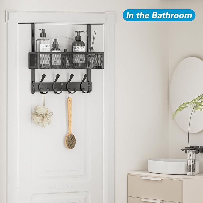 Over The Door Hooks Organizer, Over The Door Coat Rack with 12 Coat Hooks, Door Hanger Towel Rack, Back of Door Storage for Bedroom, Kitchen, Bathroom(Black)