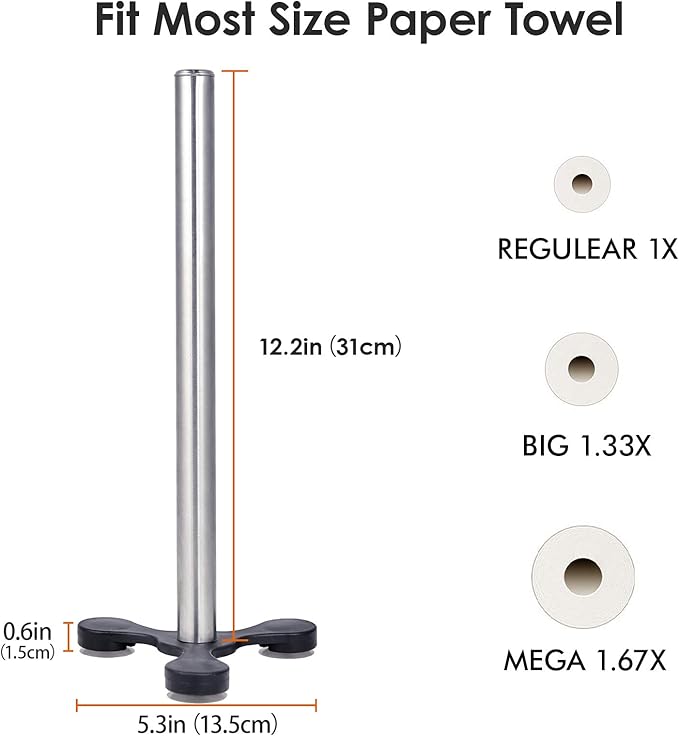 2 Pcs Stainless Steel Countertop Paper Towel Holder, Stable Paper Roll Stand with Suction Cups for Wall or Table