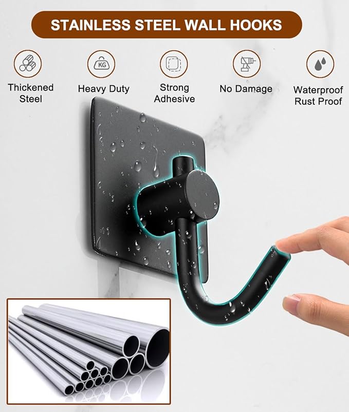 EDMILE Sticky Hooks for Hanging, 6-Pack Adhesive Wall Hooks No Drilling Stainless Steel Towel Hook for Walls No Damage, Self Adhesive Hook for Bathroom Kitchen Office, Black