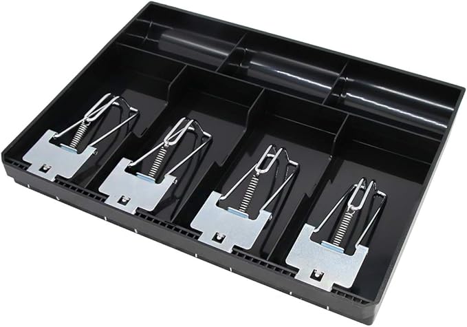 Cash Register Drawer Insert Tray 4 Bill/3 Coin Compartments with Metal Clip for Money Storage, Black