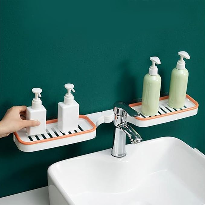 Tissting Bathroom Corner Shelf, Wall Mount Foldable Shower Caddy Organizer Basket Bathroom Sink Shelf Over Faucet Adhesive Storage Rack for Bathroom Kitchen (White Orange)