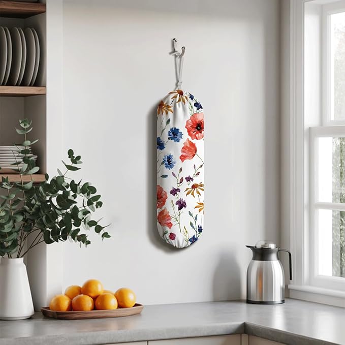 Colorful Floral Bag Holder, Reusable Plastic Bags Storage Container Dispensers, Home Decor for Kitchen Pantry Room, Housewarming Gifts for Women Family Friends Grandma Mom