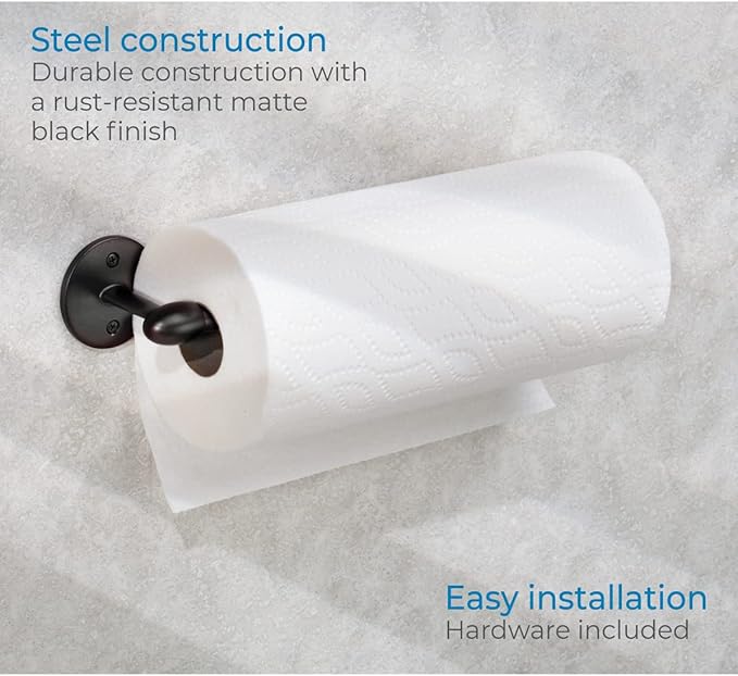 iDesign Orbinni Wall Mounted Metal Paper Towel Holder, Roll Organizer for Kitchen, Bathroom, Craft Room, 13.75" x 2.5" x 4.25", Matte Black