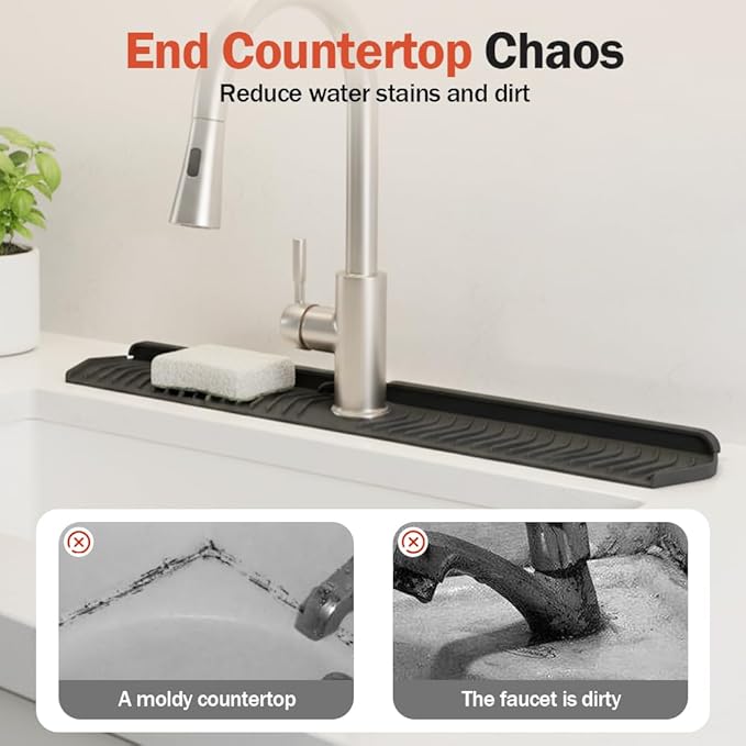 Foldable Kitchen Sink Faucet Mat, 76CM Thickened Faucet Mat for Kitchen Sink, Multi-Purpose Splash Guard & Drying Pad with Adjustable Holes & Snap Lock (Black)