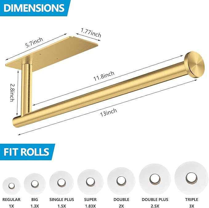 Gold Paper Towel Holder Under Cabinet, Self Adhesive Paper Towel Roll Holder Stick on Wall, Stainless Steel Towel Paper Holder for Kitchen Bathroom
