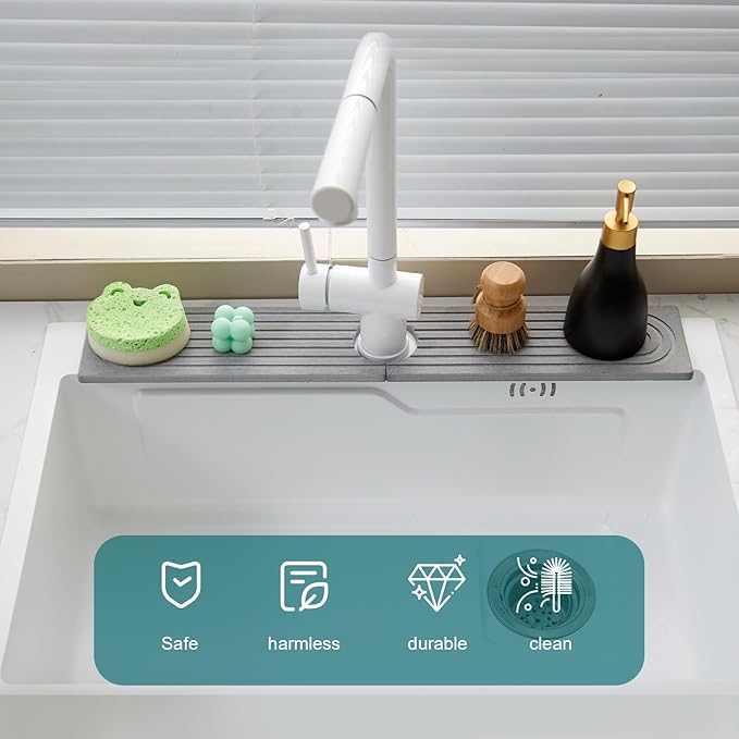 ODE TO ORDER Stone Faucet Mat for Kitchen Sink Bathroom Counter, 23.6 Inch Light Grey Diatomite Water-Absorbing Drying Stone Mat, Sink Stone Tray Protector,Prevent Moisture Sink Splash Guard