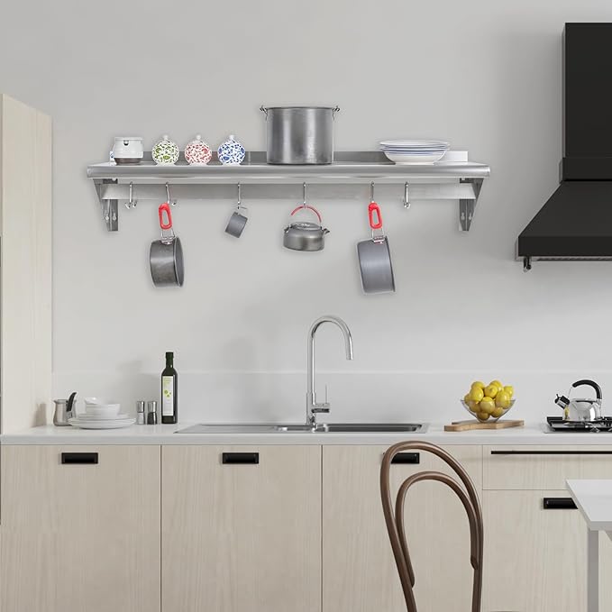 Hally Stainless Steel Shelf with 9 Hooks 18" x 60" Wall Mounted Pot Rack 450lb, NSF Commercial Floating Shelving for Storage Hanging Pots, Pans, cookware in Restaurant, Kitchen, Home and Hotel