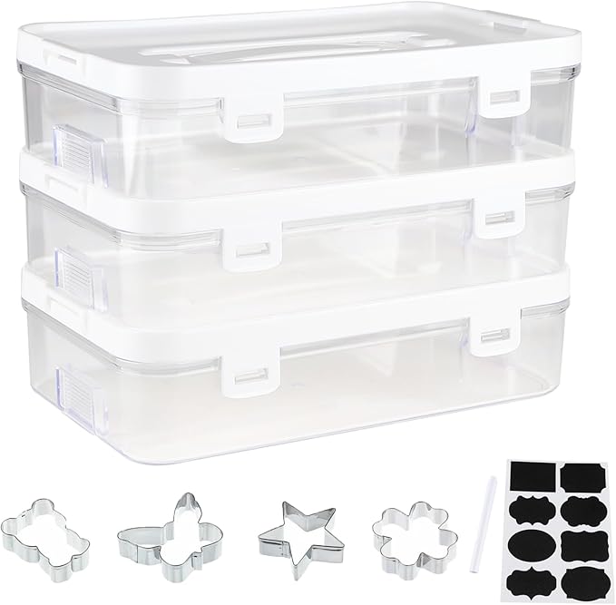 3 Pack of Cookie Cutter Storage, Handheld Transparent Cookie Cutter Organizer Storage with a Sticker and a Pen,Cover to Prevent Dust,Can be Used Alone or Hidden for Stacking