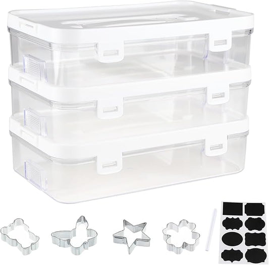 3 Pack of Cookie Cutter Storage, Handheld Transparent Cookie Cutter Organizer Storage with a Sticker and a Pen,Cover to Prevent Dust,Can be Used Alone or Hidden for Stacking