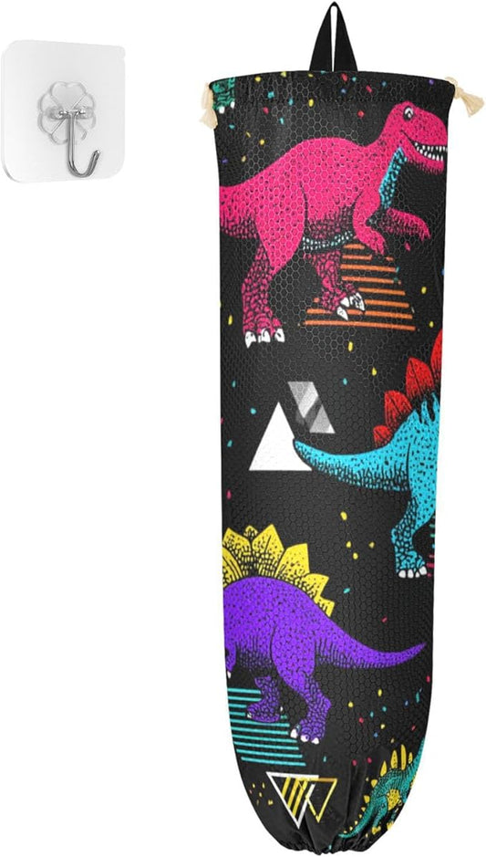 Plastic Bag Holder Wall Mount Grocery Bag Shopping Bag Storage Holder Organizer Dispenser with Adhesive Hook,for Kitchen Bathroom Home Decor 9x22 Inches Retro Memphis Geometry Dinosaurs22