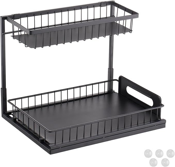 VEVOR 2 Tier Pull Out Cabinet Organizer(10.7"W x 14.2"D), Under Sink Organizer and Storage, Slide Out Drawer Cabinet Organizer, Wire Basket Sliding Storage, 12.5"Wx15.5"Dx13"H Install Size for Cabinet