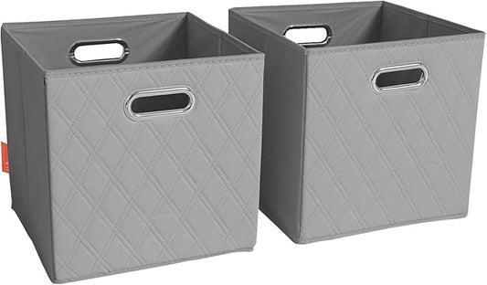 FH Group JIAessentials 11" Faux Leather Foldable Storage Cube Bins Set of 2 – Gray Diamond Patterned Organizers with Handles for Closet & Shelves