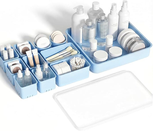 Silicone Makeup Organizer Drawer Set with Clear Lid - Stackable Vanity & Bathroom Drawer Organizer, Adjustable Compartment Desk Drawer Organizer for Cosmetics, Toiletries, Office Supplies