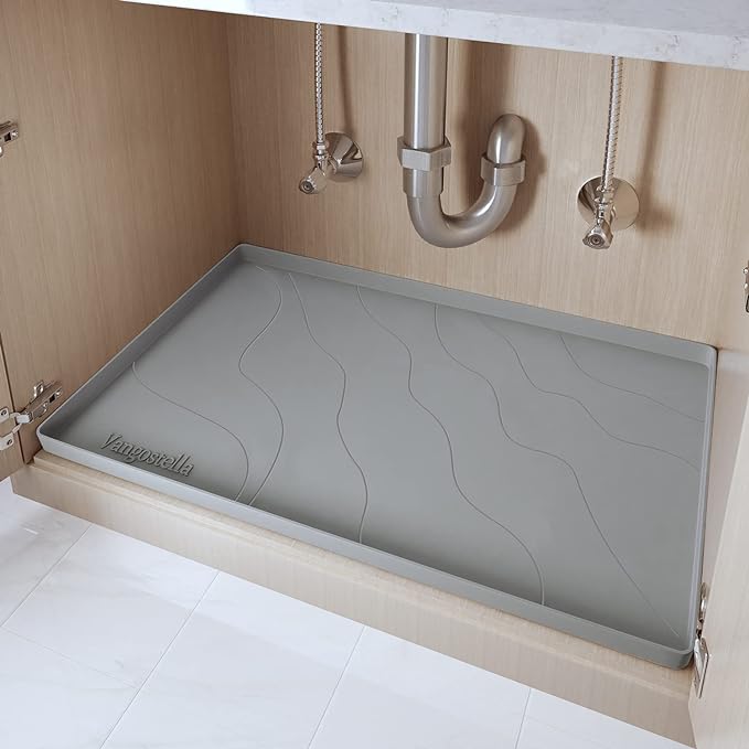 Vangostella Heavy Duty Silicone Under Sink Mat for Kitchen&Bathroom 28" x 19",Waterproof Under Sink Rubber Mat Drip Tray, Raised Edge Under Sink Liner,Prevent Drips, Leaks, Spills,Grey