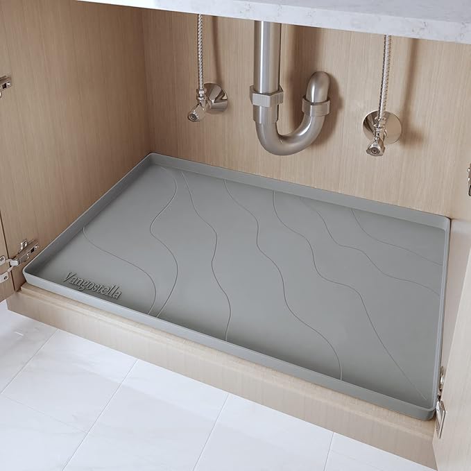 Vangostella Heavy Duty Silicone Under Sink Mats for Kitchen Waterproof 31" x 22", Extra Thick Under Sink Rubber Mat Drip Tray, Raised Edge Under Sink Liner,Prevent Drips, Leaks, Spills,Grey