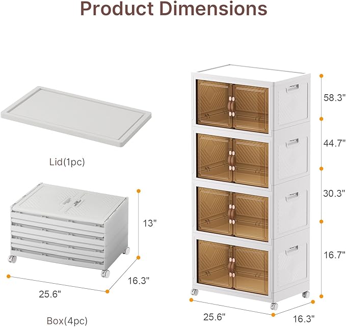 VNVTO 480Qt Stackable Storage Bins with Lids, 4 Pack Large Collapsible Bins with Wheels, Plastic Cabinet with Doors, Foldable Closet Organizers and Storage for Home, Dorm, Office, White