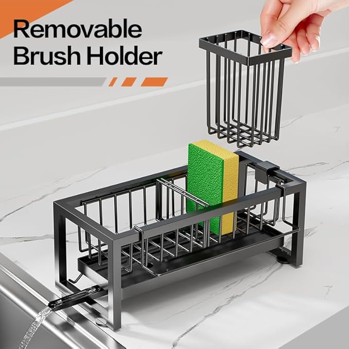 Sponge Holder for Kitchen Sink, Upgrade Thick Sink Caddy with Removable Drip Tray, High Brush Holder & Towel Bar for Countertop Dish Soap Dispenser Storage Accessories, Black