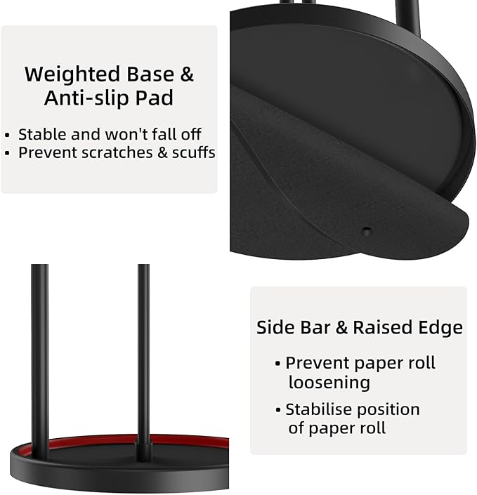 Paper Towel Holder Countertop, Freestanding Paper Towel Roll Holder with Weighted Base, Stainless Steel Standing Papertowel Holder for Kitchen, Matte Black