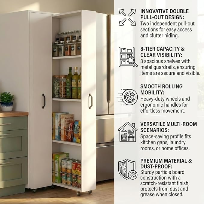 Double Pull Out Pantry Cabinet with Wheels, Slim Rolling Storage Cart for Kitchen, Freestanding 4-Tier Dual Slide Out Organizer for Laundry Room, Space Saving Wood Rack with Guardrails, 62"H White