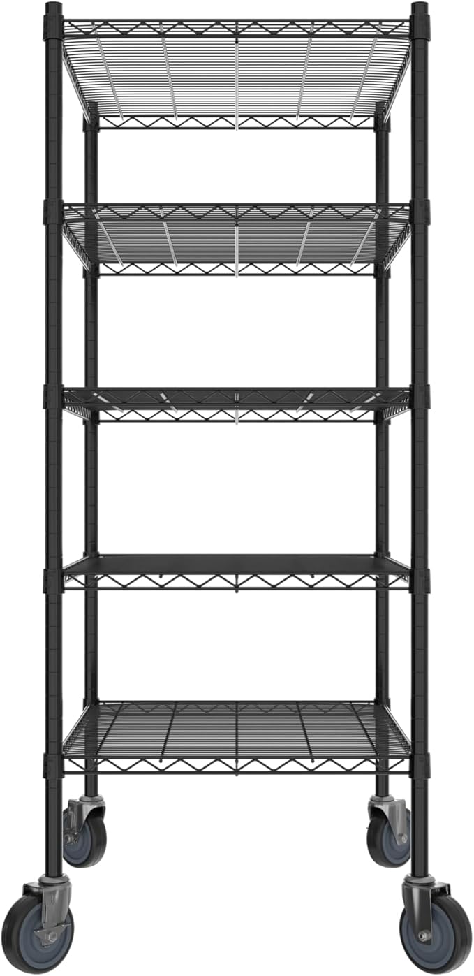 Commercial NSF Listed Black Epoxy Mobile Wire Shelving Kit 24" x 30" x 60", with 5 Shelves Perfect for Warehouse, Walk-in Refrigerator, Freezer, Grocery Store, Restaurant, Dishroom