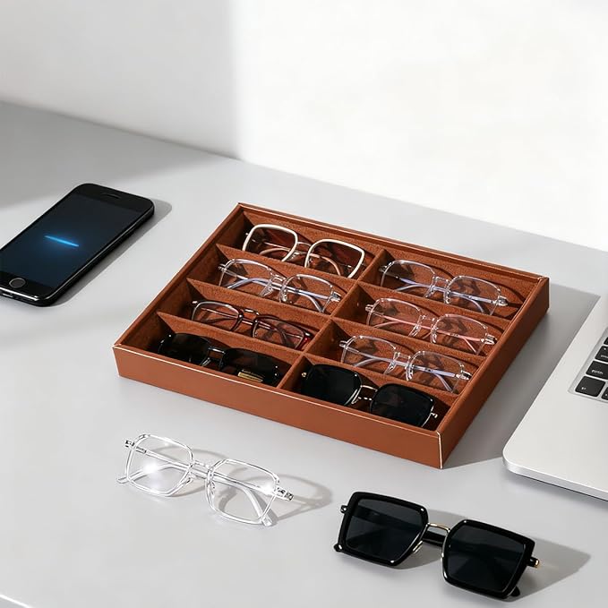 Glasses Holder Box Drawer Sunglass Organizer for Men Clear Wide Storage Case 8 Slots Multiple Reading Glasses Display, Brown Leather