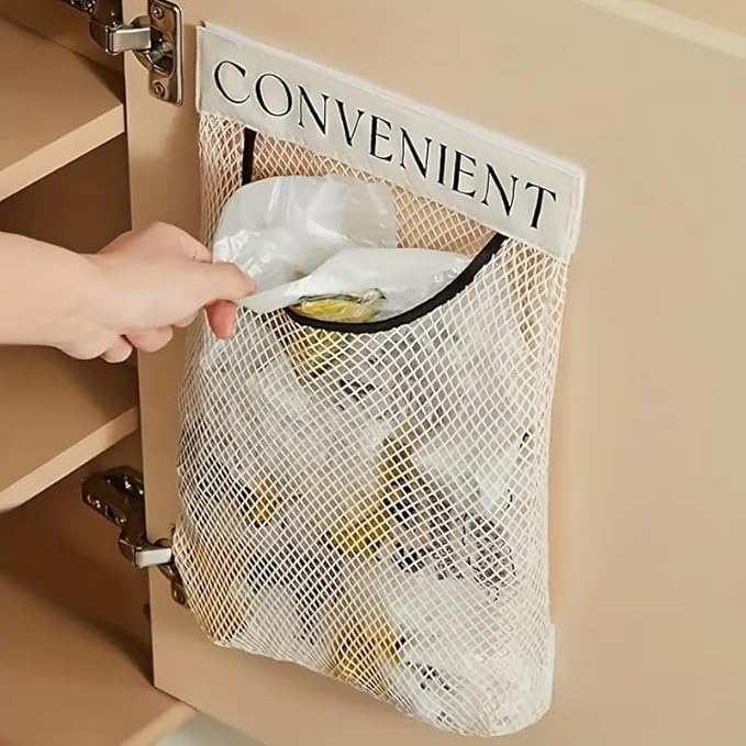 Wall-Mounted Plastic Bag Dispenser – Removable Mesh Holder with Strong Adhesive, Kitchen & Pantry Organizer