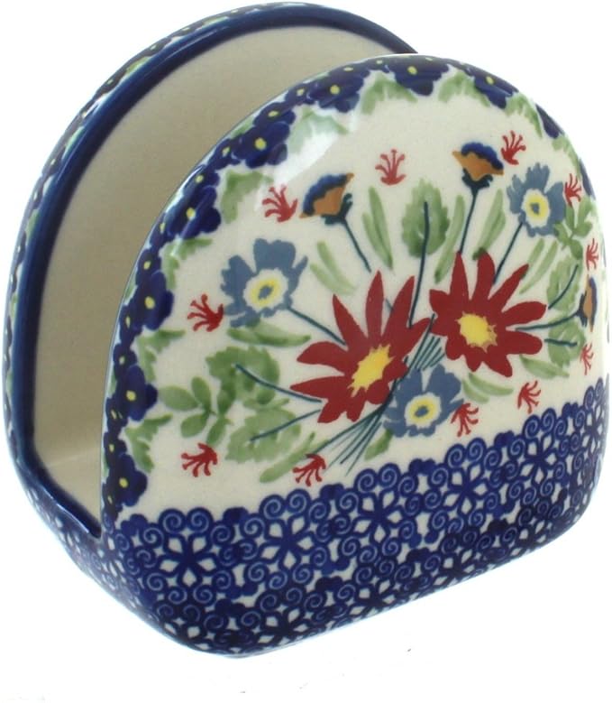 Blue Rose Polish Pottery - Red Jungle Bouquet Napkin Holder - 5" x 5" - Ceramic Napkin Holders, Decorative Dining Table Accessories