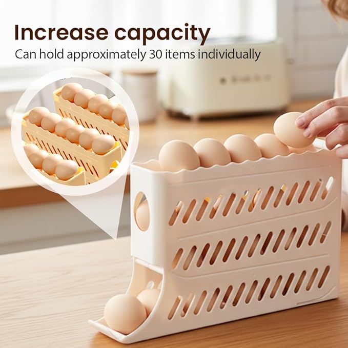 2026 Egg Holder for Fridge, Upgraded 4 Tiers Automatic Rolling Egg Dispenser, No Assembly Required Easy Access, Save Space for Refrigerator Holds up to 30 pcs (Yellow)