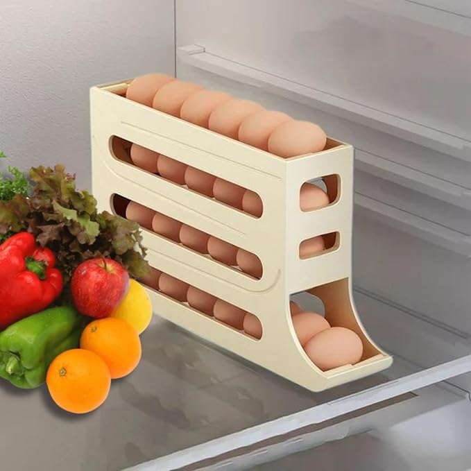 Fridge Egg Organizer - Auto Rolling Rack, Egg Holder For Refrigerator. (Beige)