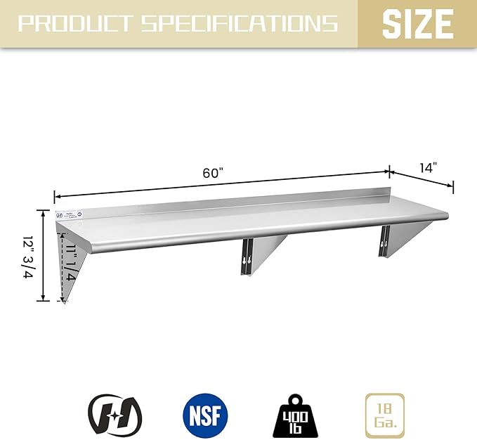 Hally Stainless Steel Shelf 14 x 60 Inches, 400 lb, Commercial Wall Mount Floating Shelving for Restaurant, Kitchen, Home and Hotel