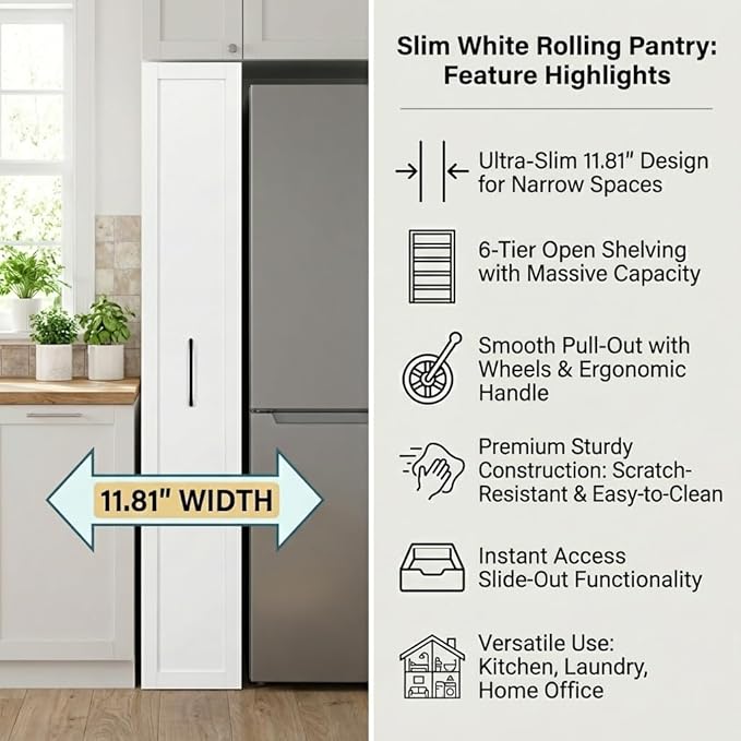 Slim Rolling Storage Cart, Pull Out Spice Rack, 6-Tier Rolling Pantry for Kitchen Fridge Gap & Laundry Room, Space-Saving Slide Out Utility Cabinet (White, with Side Panel)