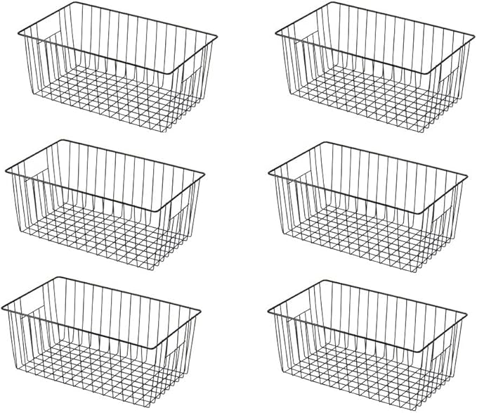 16inch Freezer Wire Storage Organizer Baskets, Household Refrigerator Bins with Built-in Handles, Black, 6PACK