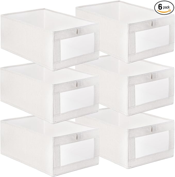 Coloch 6 Pack Linen Storage Bins with Clear Window, Collapsible Closet Storage Box Fabric Clothing Organizer Stackable Organizer Basket for Folded Clothes, Jeans, Toy, Book, Shelves, Closet, Beige