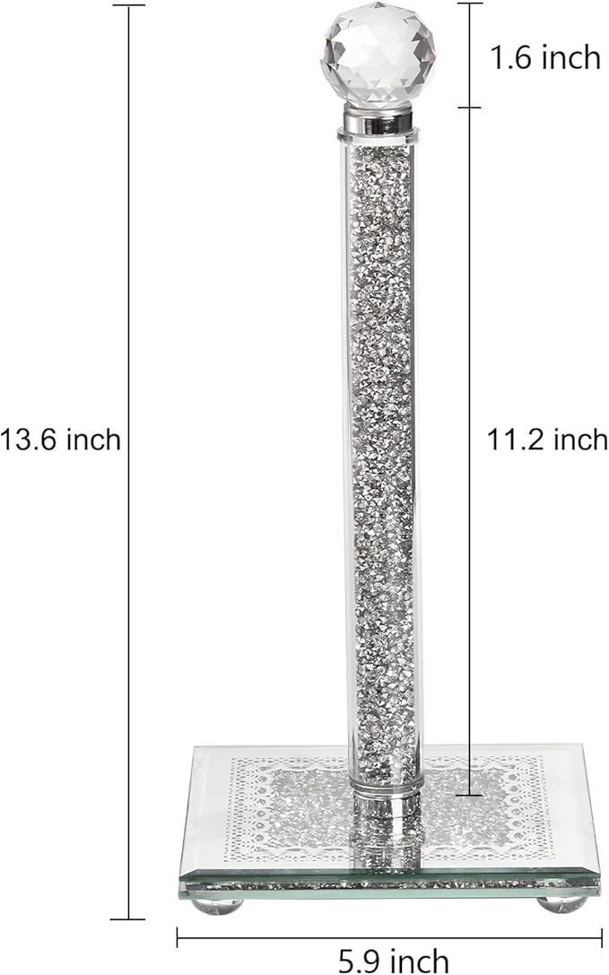 Suwimut Paper Towel Holder Countertop, Silver Paper Towel Roll Dispenser Stand Weighted Base Non Slip Filled with Sparkly Crystal Crushed Diamond for Home Kitchen Bathroom Tabletop