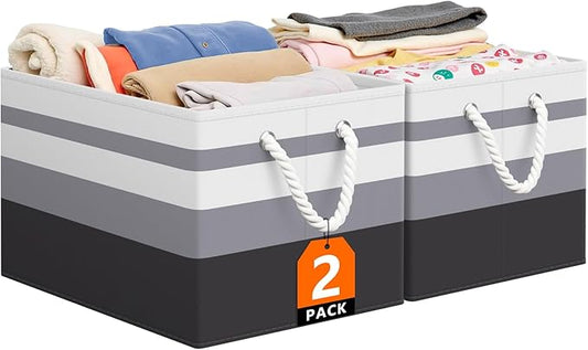 Storage Bin,Collapsible Storage Basket For Organizing,Large Storage Boxes With Rope Handles,Storage Containers,Gradient Grey,2 Pack