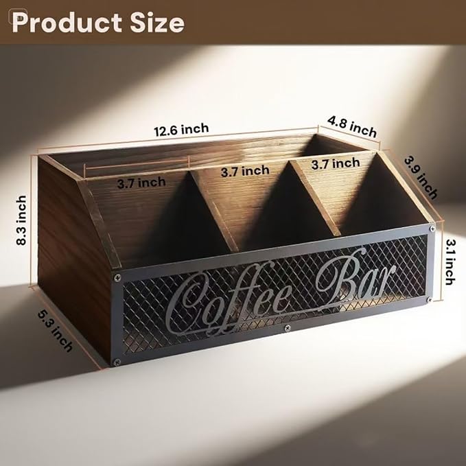 Coffee Station Organizer for Countertop, Wood Coffee Bar Organizer, Coffee Pods Holder Storage Box, Rustic Bar Accessories for Decor, Syrup and Tea Condiment (Brown)