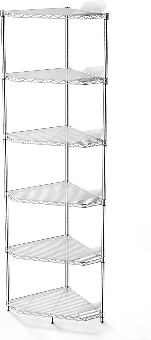 6-Tier NSF Metal Corner Shelf Wire Shelving Unit - 600lbs Capacity, Adjustable, with leveling feet & Shelf Liners - Ideal for Garage, Kitchen - 20" L x 20" D x 72" H - Pentagonal-Shape - Chrome