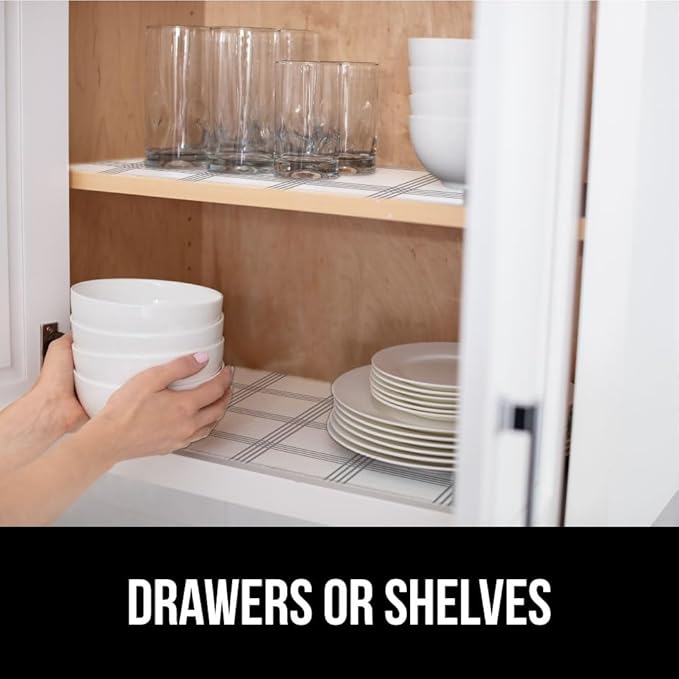 GORILLA GRIP DripGuard Shelf Liner, Non Adhesive Drawer and Kitchen Cabinet Protector, Slip Resistant BPA Free Smooth Surface Plastic Liners for Cabinets, Bathrooms, Closets, 12x240 Inch, White Stripe