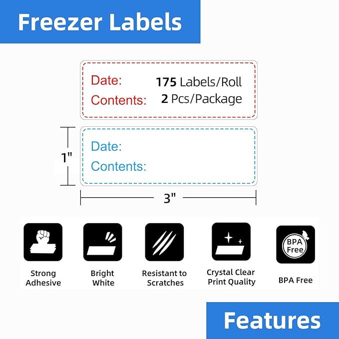 350 PCS Printholic 1" x 3" Food Storage Stickers, Removable Freezer Labels, 2 Color Food Labels Roll, Refrigerator Freezer Paper Label Easy Clean Leaves No Residue Waterproof