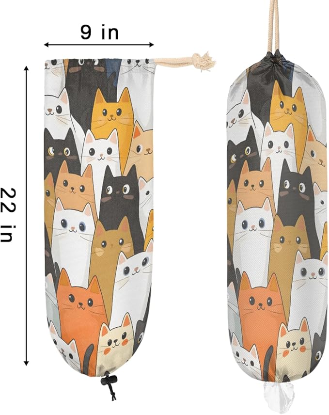 Plastic Bag Holder Cute Cartoon Cats Wall Mount Grocery Bag Holder Wasgable Plastic Bag Dispenser Garbage Bag Organizer for Home Kitchen Decor, Gifts for Women Mom Family Friends,A-1