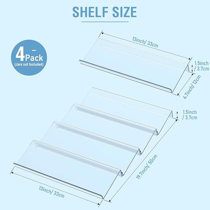 Spice Drawer Organizer 4 Tier, Acrylic Seasoning Organizer Rack, Clear Spice Rack Tray, Kitchen Seasoning Jars Drawers Insert (Jars Not Included/ Expandable From 13" to 26")